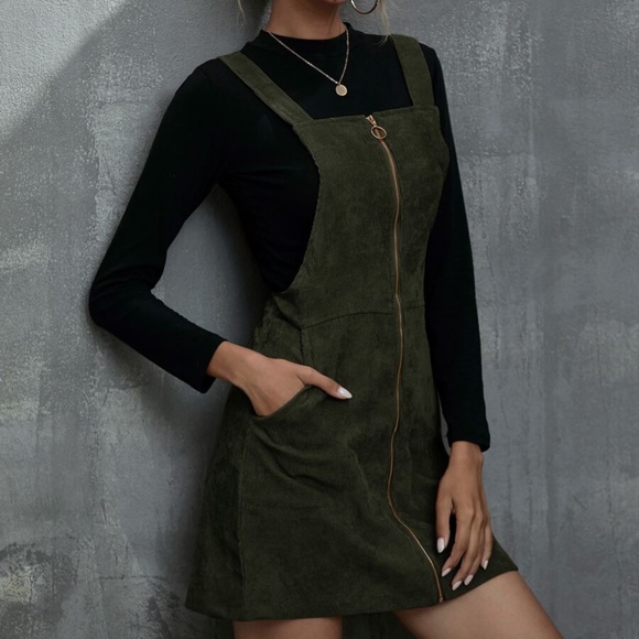 011 Boho Army Green corduroy Zipper Mini Dress - Picture 6 of 9
